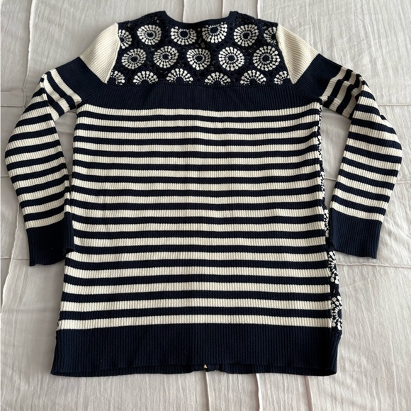 Tory Burch Crochet Cardigan Sweater Navy White Striped Zip Front Small - Picture 5 of 5
